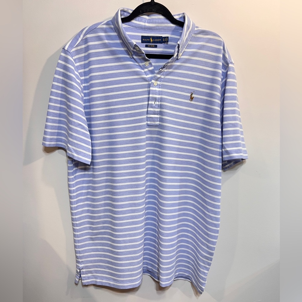 Ralph Lauren Men’s Knit Oxford Blue and White Striped Polo Shirt
